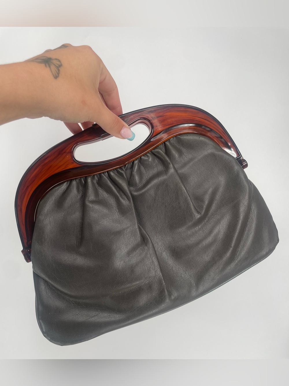 Vintage Gray Slouchy Handbag Clear Brown Tortoise Shell Lucite Frame Leather